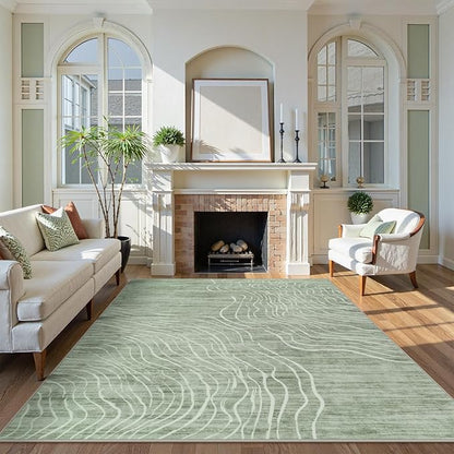 LIVEBOX Machine Washable Modern Abstract 6x9 Area Rug, Non Slip Large Bedroom Living Room Nursery Girl Rug Minimalist Wave Striped Neutral Boys Rug, Carpet for Dining Room Playroom(Sage Green,6'x9')