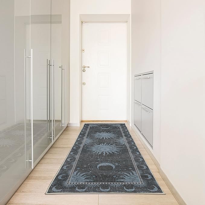 Ambesonne Sun and Moon Decorative Rug, Bohemian Artwork Design of Crescent Solar Ornament Esoteric Stars Ornaments, Quality Carpet for Bedroom Dorm and Living Room, 2' 5" x 7' 5", Pale Blue