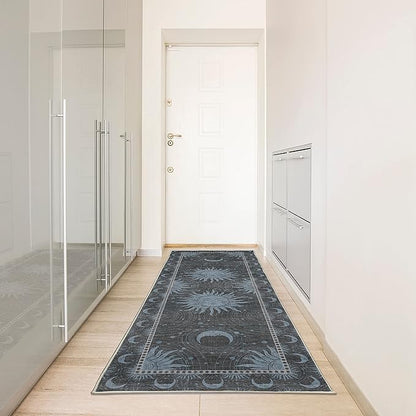 Ambesonne Sun and Moon Decorative Rug, Bohemian Artwork Design of Crescent Solar Ornament Esoteric Stars Ornaments, Quality Carpet for Bedroom Dorm and Living Room, 2' 5" x 7' 5", Pale Blue