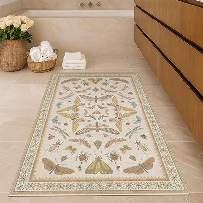 Beige Neutral Small Rugs for Bedroom - 3x4 Throw Rug for Large Entryway, Kitchen, Nursery Room, Insect Print Floral Non-Slip Accent Rug Low Pile Stain Resistant