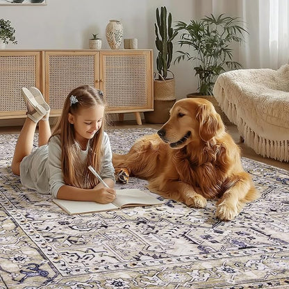 PURRUGS Vintage Farmhouse Boho Large Area Rug 8x10 ft, Non-Slip Machine Washable Rug, Accent Oriental Rug for Living Room, Dining Room, Bedroom, Entryway and Kitchen, Taupe/Vanilla
