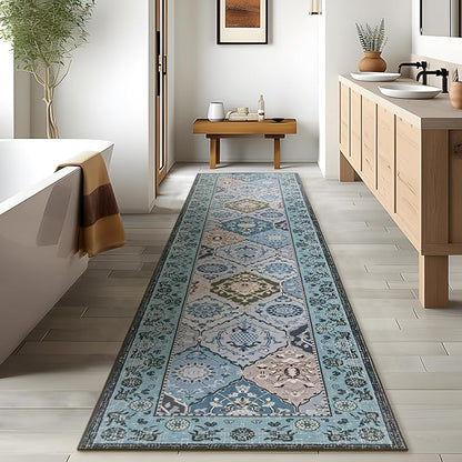 Phantoscope Washable Runner Rug 2'x10' Non-Slip, Vintage Boho Hallway Rugs for Entryway, Stair, Bedroom, Distressed Moroccan Mosaic Diamond Pattern, Low-Pile Foldable Floor Carpet, Blue Teal/Neutral