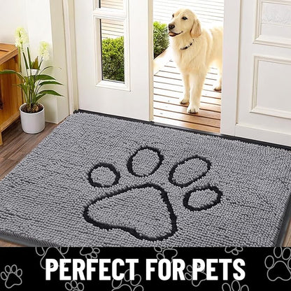 Smiry Dog Door Mat for Muddy Paws, Absorbent Dirt Trapper Non Slip Quick Dry Washable Chenille Mat for Mud Dogs, Entry Rug for Indoor and Outdoor (59x35 Inches, Grey and Black)
