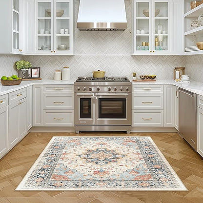 Area Rugs Square 6ft Washable Non-Slip, Floral Vintage Distress Print Pattern Medallion Carpet for Living Room Bedroom Dining Room, Beige Navy Blue Orange Colorful
