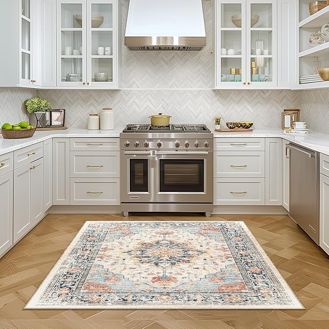Area Rugs Square 4ft Washable Non-Slip, Floral Vintage Distress Print Pattern Medallion Carpet for Living Room Bedroom Dining Room, Beige Navy Blue Orange Colorful