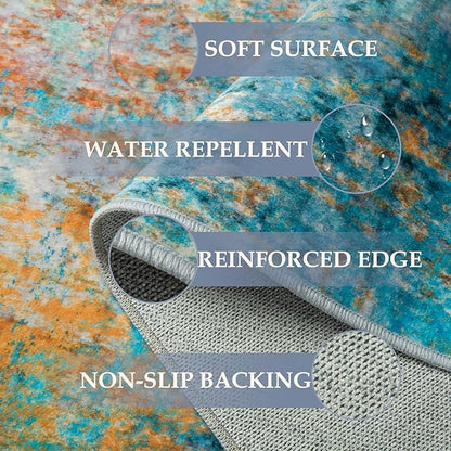 Washable Area Rugs 9'x12' Non-Slip Modern Abstract Soft for Living Room Entryway Bedroom Nursery, Print Pattern, Teal Blue Green Orange Rust Red Coloreful