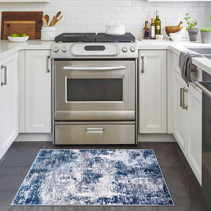 Modern Abstract Entryway Rug Indoor 2x3 Washable Non-Slip, Soft Grey Navy Blue Rug, Small Area Rug Kitchen Mat Thin Print Faux Wool Floor Carpet for Entrance Bedroom Office