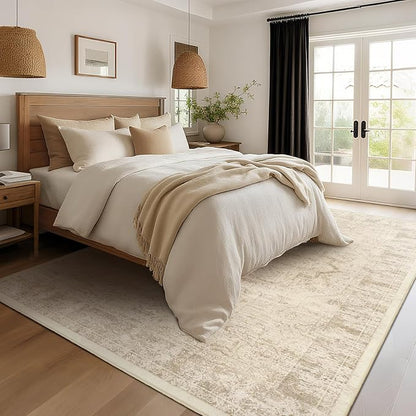 Beige Farmhouse Distressed 8x10 Area Rugs for Living Room, Washable Non Slip Bedroom Rugs Under Bed Faux Wool Soft, Natural Medallion Pinted Thin Carpet for Dining Room Home Office