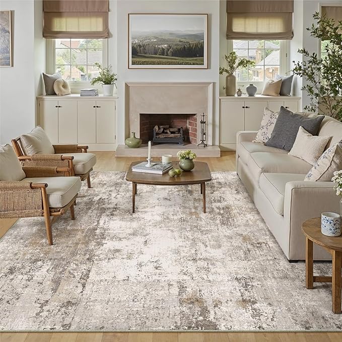 9x12 Area Rug Brown Grey Abstract Living Room Bedroom Washable Carpet Neutral Modern Non Slip Soft Low Pile Indoor Large Throw Rug for Dining Room Office