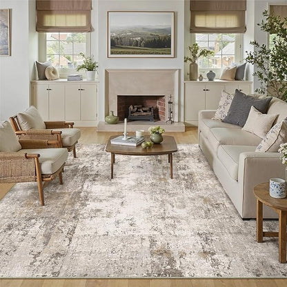 10x12 Area Rug Brown Grey Abstract Living Room Bedroom Washable Carpet Neutral Modern Non Slip Soft Low Pile Indoor Large Throw Rug for Dining Room Office