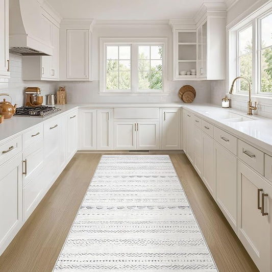 Nakagishi Runner Rug Kitchen Washable Rugs: 3x8 Non-Slip Boho Soft Modern Stain Resistant Indoor Floor Neutral Farmhouse Throw Carpet for Hallway Bathroom Laundry Room Entryway Bedroom- Grey