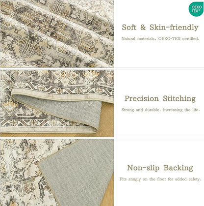 zesthome 8x10 Area Rugs for Living Room,Non-Slip Backing Washable Rugs,Vintage Large Area Rug，Stain Resistant Home Decor Rug (Beige/Brown,8'x10')