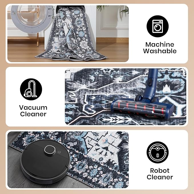 Area Rug for Living Room, 9x12 Machine Washable Non Slip Large Faux Wool Throw Rug, 0.3″ Low Pile & Non-Shedding Boho Large Carpet Rugs for for Dining Room, Bedroom, Office (Black)