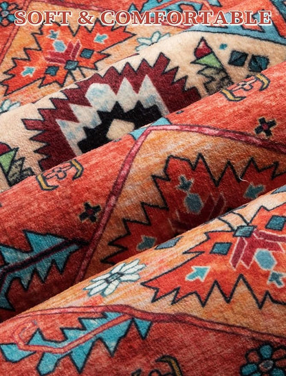 SERISSA Boho Washable Runner Rug, 2x5 Rug Runner Non-Slip Vintage Orange Hallway Kitchen Runner Rug Ultra Soft Print Distressed Tribal Floor Carpet Runner for Bedroom Bathroom Laundry Living Room