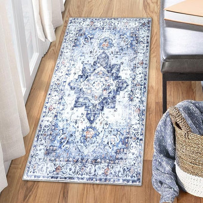 COMSLE Washable Door Mat, Front Door Mat Indoor Faux Wool Absorbent Small Rugs for Entryway Distressed Throw Rug Non-Slip Accent Floor Carpet for Entrance Bedroom, 24X48 Inches Blue