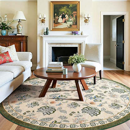jinchan Elora 7ft Floral Round Rug for Dining Room Washable Living Room Rug Vintage Romance Design Non Slip Indoor Floor Cover Lightweight Low-Profile Throw Carpet for Bedroom Porch Patio, Green/Beige