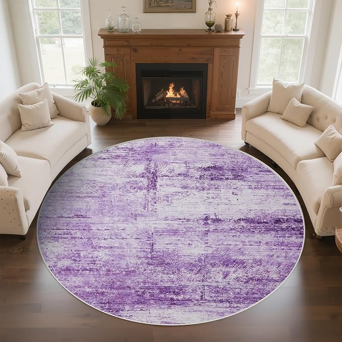Round 5ft Abstract Rug, Modern Washable Indoor Circle Area Rugs for Living Room, Soft Circular Non-Slip Carpet Floor Mat for Entryway Dining Room Home Office - Abstract Purple