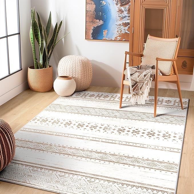 BESTSWEETIE 4x6 Area Rugs for Living Room Washable Moroccan Farmhouse Neutral Geometric Low Pile Non-Slip Soft Print Pattern Rug for Bedroom Kitchen Dining Room Entryway Cream/Brown/Pink