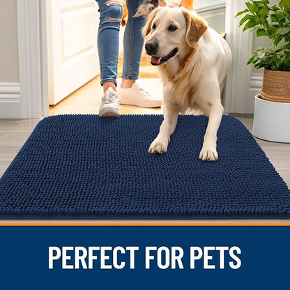 OLANLY Dog Door Mat for Muddy Paws 30x20, Absorbs Moisture and Dirt, Absorbent Non-Slip Washable Doormat, Quick Dry Chenille Mud Mat for Dogs, Entry Indoor Entryway Carpet for Inside Floor, Dark Blue