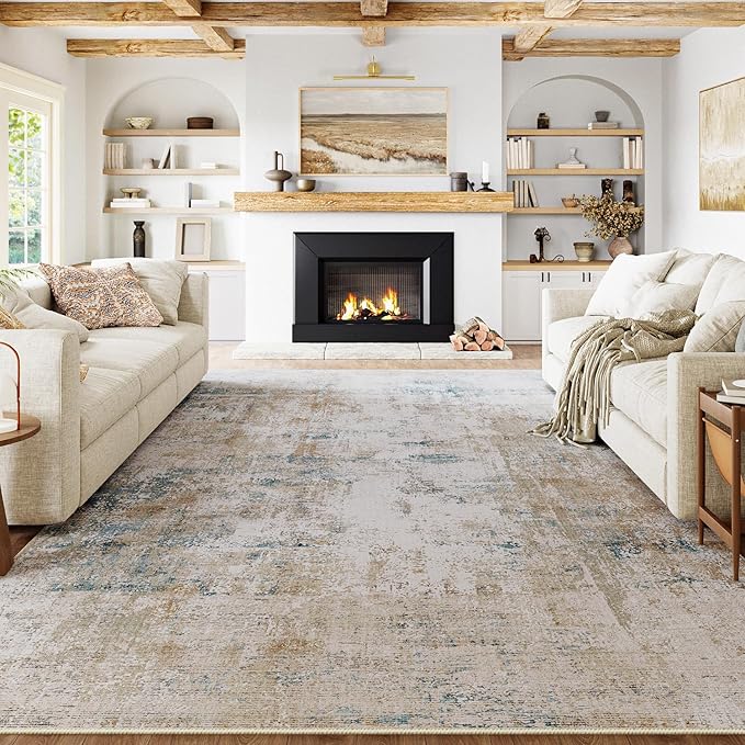 10x14 Area Rug Beige Blue Abstract Living Room Bedroom Washable Carpet Neutral Modern Non Slip Soft Low Pile Large Throw Rug for Dining Room Kitchen Office