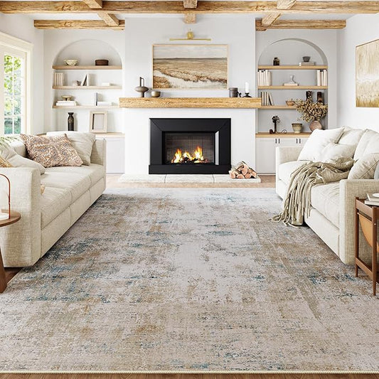 10x14 Area Rug Beige Blue Abstract Living Room Bedroom Washable Carpet Neutral Modern Non Slip Soft Low Pile Large Throw Rug for Dining Room Kitchen Office