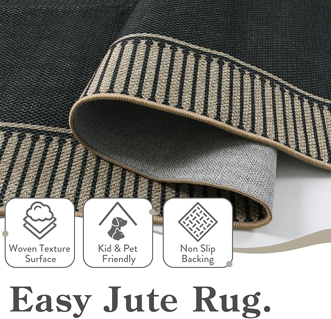 Moynesa Striped Border Easy Jute Outdoor Patio Rug 3x5, Washable Entryway Rug Non Slip with Rubber Backing, Farmhouse Modern Carpet for Backyard Bedroom Living Room Kitchen, Black