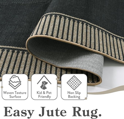 Moynesa Striped Border Easy Jute Outdoor Rug 8x10, Washable Indoor Outdoor Patio Area Rugs for Living Room Non Slip, Modern Classic Farmhouse Carpet for Dining Room Table, Black