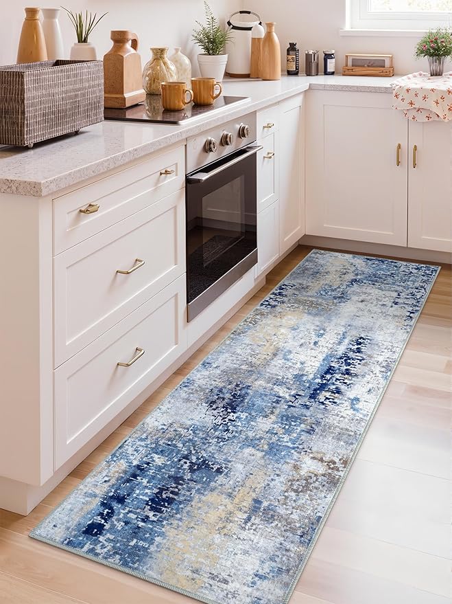 Washable Abstract Runner Rug, 2x6 Modern Area Rugs with Non-Slip Rubber Backed for Kitchen, Thin but Soft Contemporary Carpet Bedroom Entryway Hallway Decor, Midnight Blue