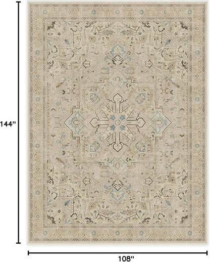 RUGGABLE Washable Vintage Area Rug – Kamran Ivory Opal 9x12, Stain-Resistant, Non-Slip – Large Machine Washable Rugs for Living Room, Bedroom, Hallway, Entryway & Office–with Cushioned Pad
