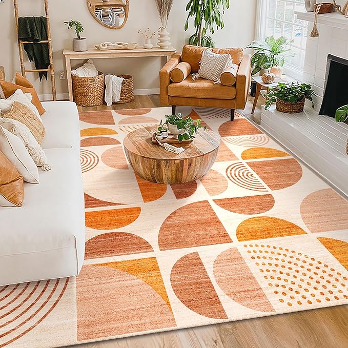 MUJOO 8x10 Area Rugs,Washable Rugs for Living Room Bedroom,Boho Large Throw Floor Carpet Non Slip Soft Modern Abstract Bohemian Orange