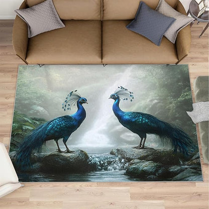 Peacock Rug 5x7-5x7 Rug, Peacock Couples Area Rugs for Bedroom, Nature Waterfall Rugs for Living Room, Animal Bird Washable Mat, Teal Turquoise Carpet - Peafowl Home Decor & Gifts