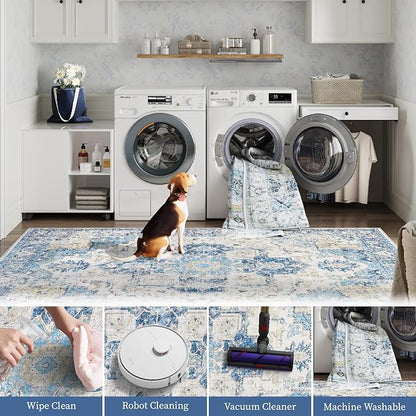 jinchan Kelda Area Rug 3x5 Washable Entryway Rug Vintage Soft Indoor Floor Cover Retro Distressed Mat Accent Lightweight Non-Slip Thin Carpet for Kitchen Bathroom Living Room Bedroom Blue