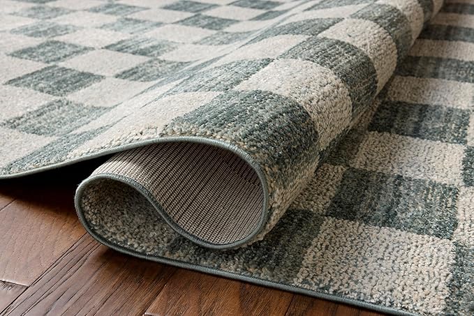 Loloi Chris Loves Julia Calvin Collection CLV-01 Blue/Ivory 2'-7" x 7'-6" Runner Rug Checkered Neutral Soft Living Room Bedroom Carpet