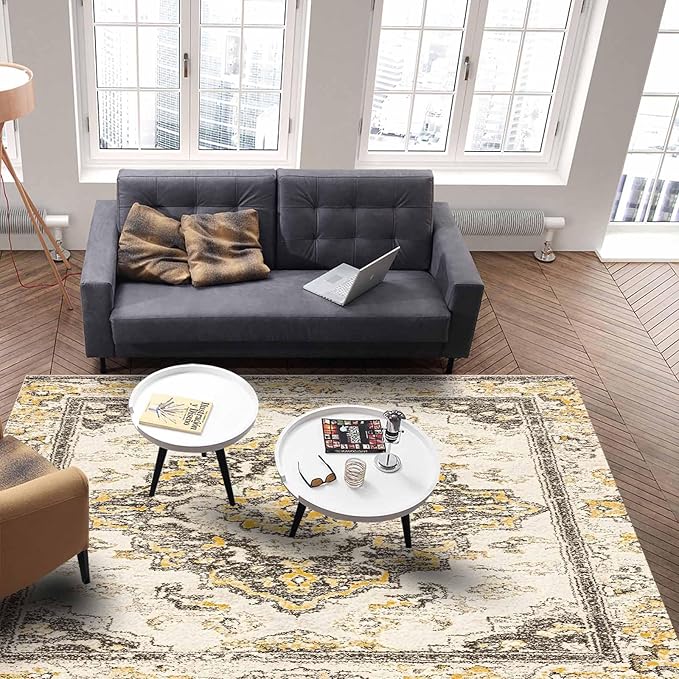 Bohemian Pattern Rectangular Area Rugs for Living Room Bedroom 2.8 x 5 ft Brown & Yellow Abstract Non-Shedding Soft Low Pile Rug Non Slip Washable Rug for Nursery Entryway Playroom