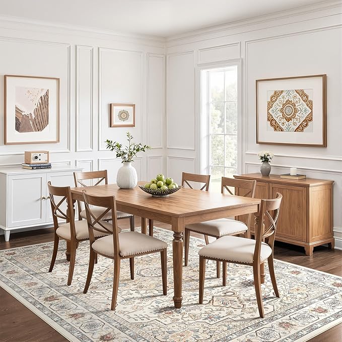 12x15 Area Rug Living Room: Washable Boho Large Neutral Vintage Soft Rug Stain Resistant Farmhouse Non Slip Indoor Floor Carpet for Bedroom Nursery Kids Playroom Office Dining Room- Cream Blue