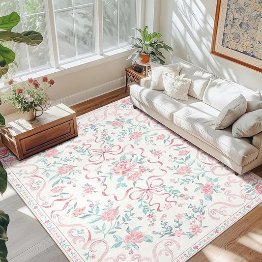 Pink Rug Bow Floral 8x10 Rug, Washable Area Rugs for Bedroom Living Room, Dining Room,Kids Room, Office,Playroom, Boho Modern Aesthetic Farmhouse Decor Non Slip Low Pile Carpet