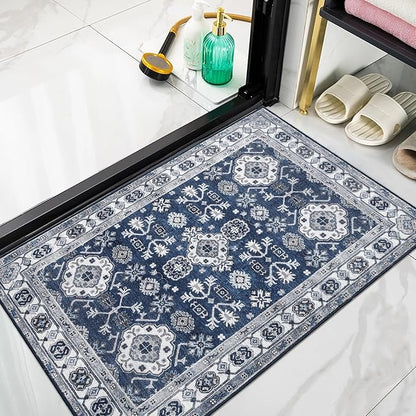 VK VK·LIVING Entryway Washable Rug 2'x3' Small Boho Bathroom Throw Area Rug Non Slip Doormat Indoor Front Door Machine Washable Carpet for Bathroom Kitchen Vintage (Navy)