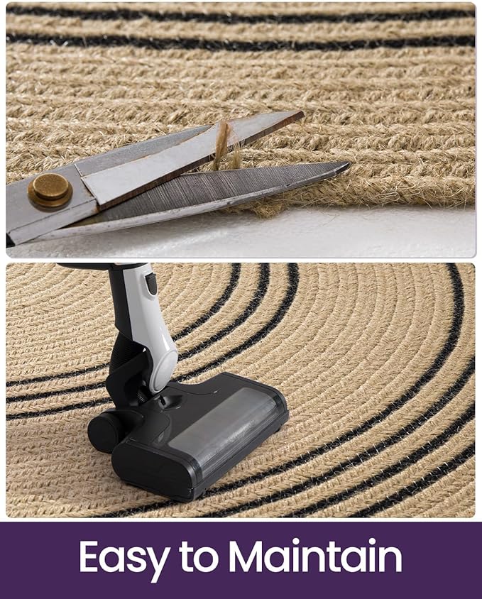 DEXI Round Jute Rug Natural Fiber 5x5, Braided Woven Area Rugs No Shed, Soft Neutral Rustic Carpet Mat for Indoor Outdoor Patio Dining Living Room Bedroom Farmhouse, 5ft, Beige/Black