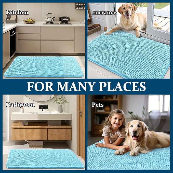 OLANLY Dog Door Mat for Muddy Paws 59x24, Absorbs Moisture and Dirt, Absorbent Non-Slip Washable Doormat, Quick Dry Chenille Mud Mat for Dogs, Entry Indoor Entryway Carpet for Inside Floor, Blue