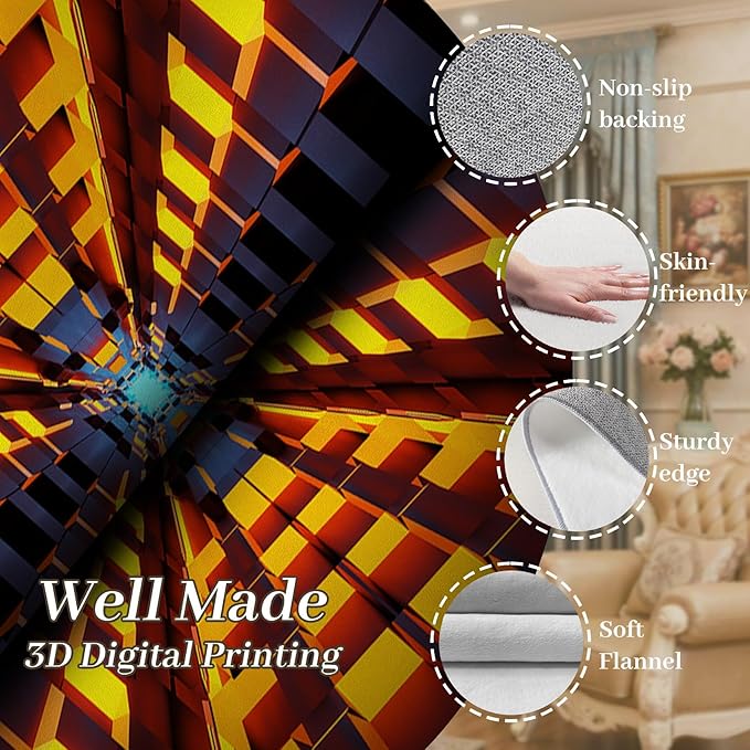 3D Abstract Grid Area Rug, 4x6ft, Visual Illusion Realistic Cave Indoor Carpets, Orange Three Dimensional Pattern Floor Mat, Easy Clean Breathable Washable Rugs for Indoor Family