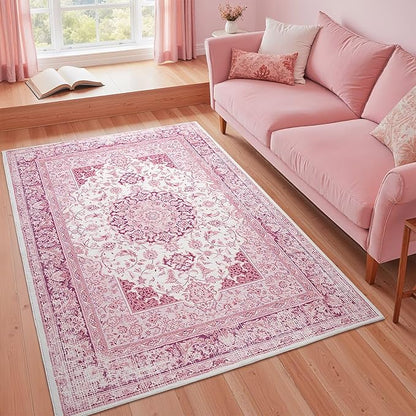 Bright Pink Area Rug for Girls Bedroom, 3x5 Soft Washable Rugs with Non-Slip Backing for Living Room, Cute Vintage Carpet for Kitchen Laundry Kids Room Decor