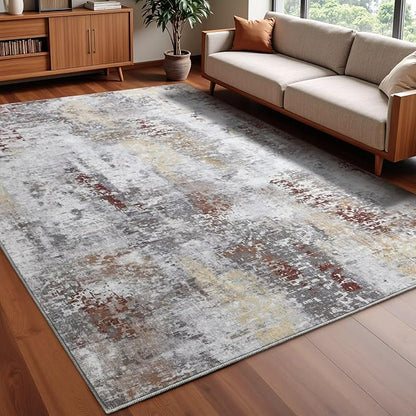 Washable Abstract Rug, 3x5 Modern Area Rugs with Non-Slip Rubber Backed for Bedroom, Thin but Soft Contemporary Carpet Kitchen Living Room Decor, Rusty Brown