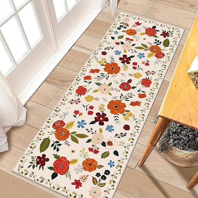 U'Artlines 2'x6' Boho Runner Rug for Hallways Kitchen Colorful Floral Soft Non Slip Washable Floor Carpet Runners for Entryway Laundry Room Bathroom Beige