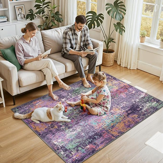Washable Area Rugs 4'x6' Non-Slip Modern Abstract Soft for Living Room Entryway Bedroom Nursery, Print Pattern, Purple Orange Blue Green Rust Red Colorful