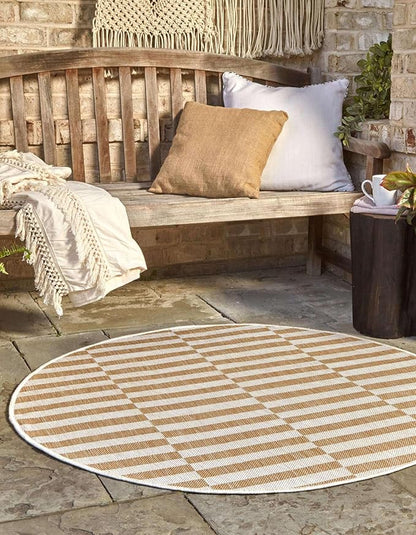 Unique Loom Outdoor Striped Collection Area Rug - Striped (10' Round Taupe/Ivory)