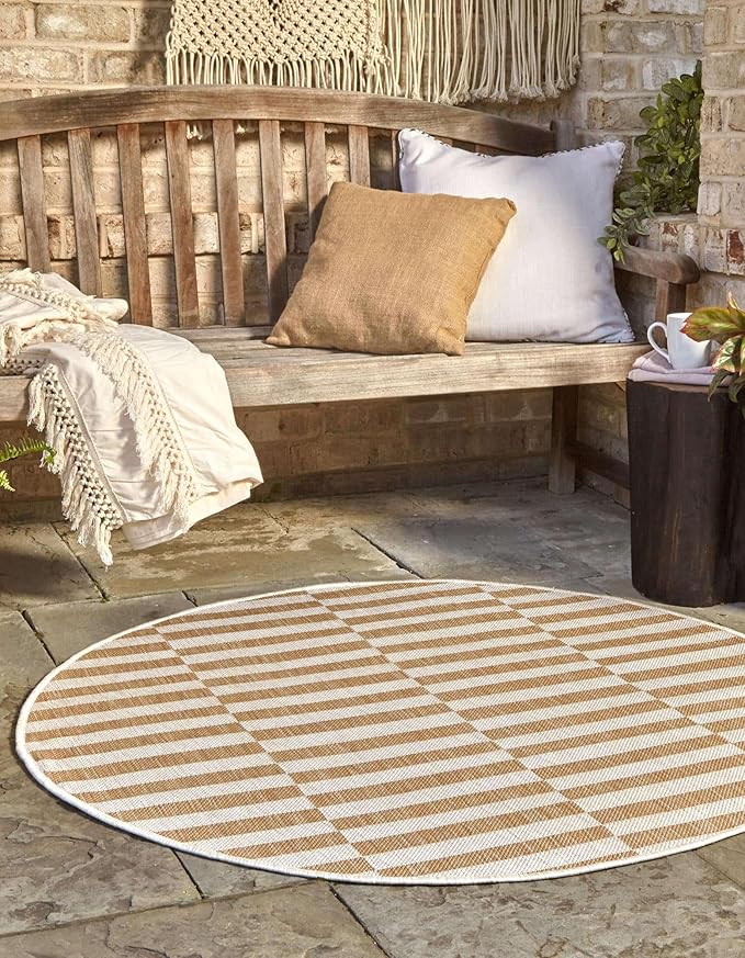 Unique Loom Outdoor Striped Collection Area Rug - Striped (12' Round Taupe/Ivory)