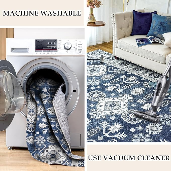 VK VK·LIVING Entryway Washable Rug 2'x3' Small Boho Bathroom Throw Area Rug Non Slip Doormat Indoor Front Door Machine Washable Carpet for Bathroom Kitchen Vintage (Navy)