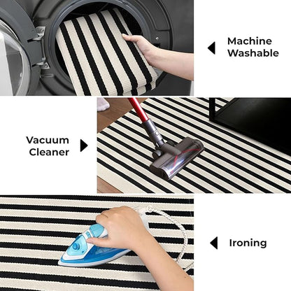 KOZYFLY Black and Beige Striped Porch Rug 2x4.3 Ft Washable Outdoor Rug Farmhouse Outdoor Doormats Front Door Striped Runner Rug for Front Door Kitchen Hallway Bedroom Laundry Room