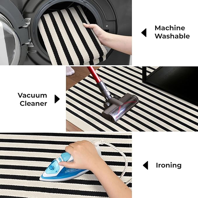 KOZYFLY Black and Beige Striped Rug 4x6 Ft Area Rug Washable Indoor Outdoor Rug Cotton Door Mat for Double Front Door Entryway Patio Porch Living Room Carpet