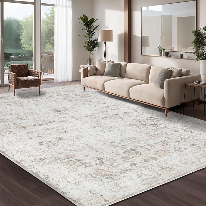 Washable 10×14 Area Rug for Living Room, Vintage Floral Rug Soft Non Slip Stain Resistant Boho Carpet for Indoor Bedroom Dinning Room Home Office Beige